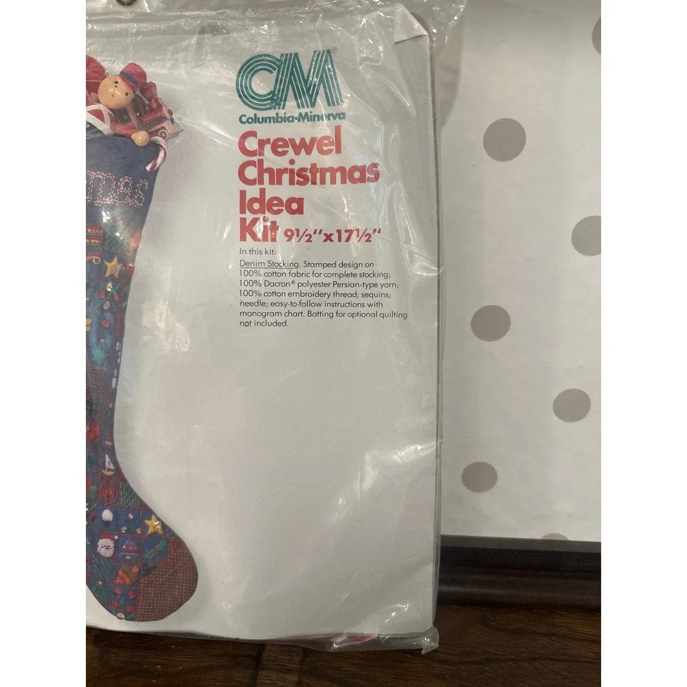 Vintage 1978 Columbia Minerva Crewel Christmas Denim Stocking Kit 7873 holiday